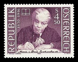 Známka rakouské pošty k 75. výročí úmrtí Marie Ebner-Eschenbach