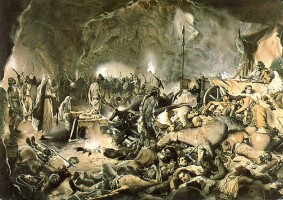 Obraz Zdeňka Buriana znázorňující krvavý pohřeb velmože v Býčí skále